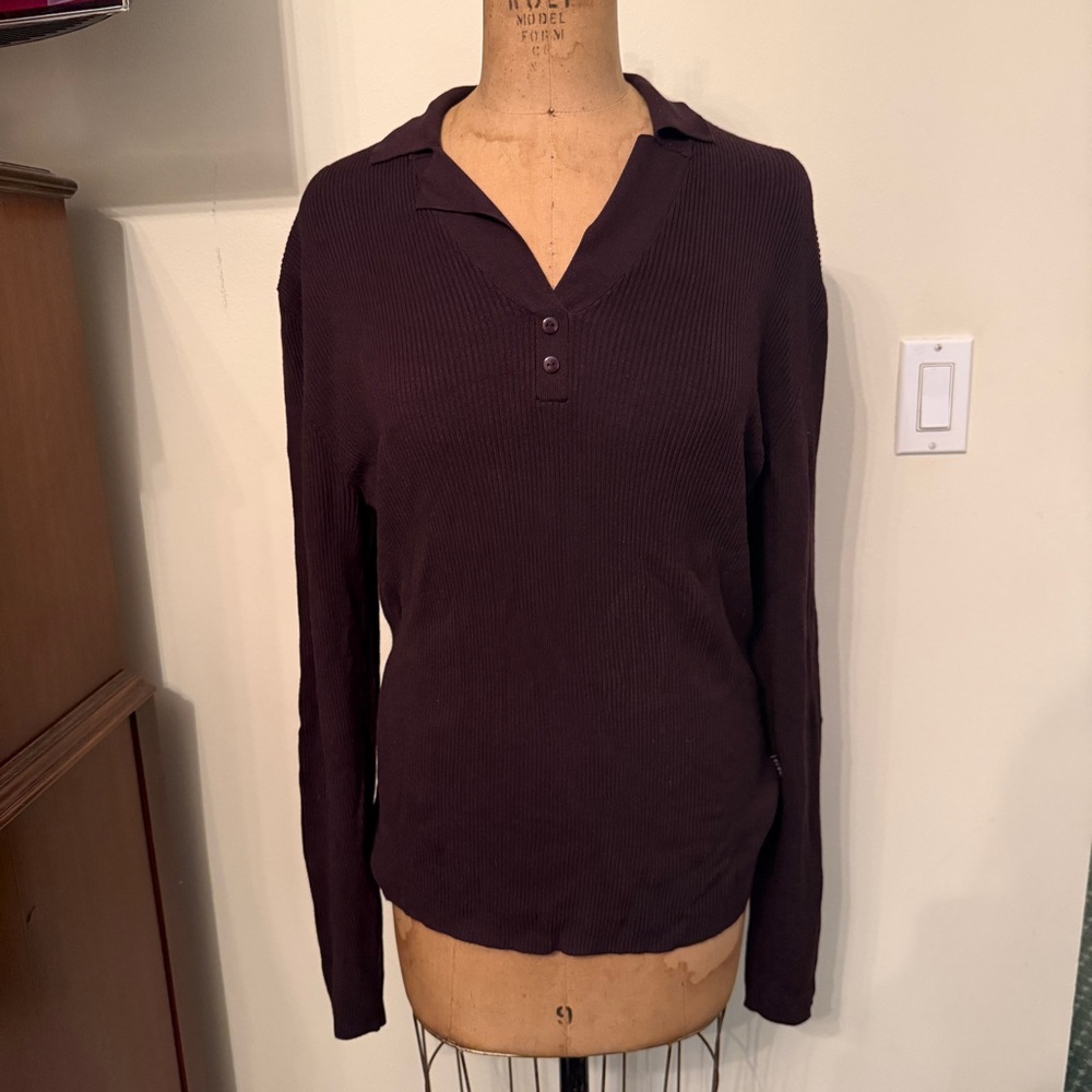 BCBGMaxazria Knit Collar Polo Long Sleeve Sweater Top